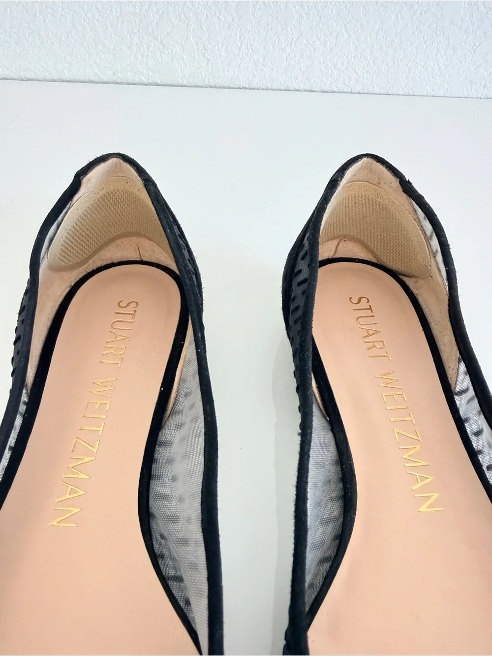 Stuart Weitzman Black Pointed Mesh Flats with Dotted Pattern
